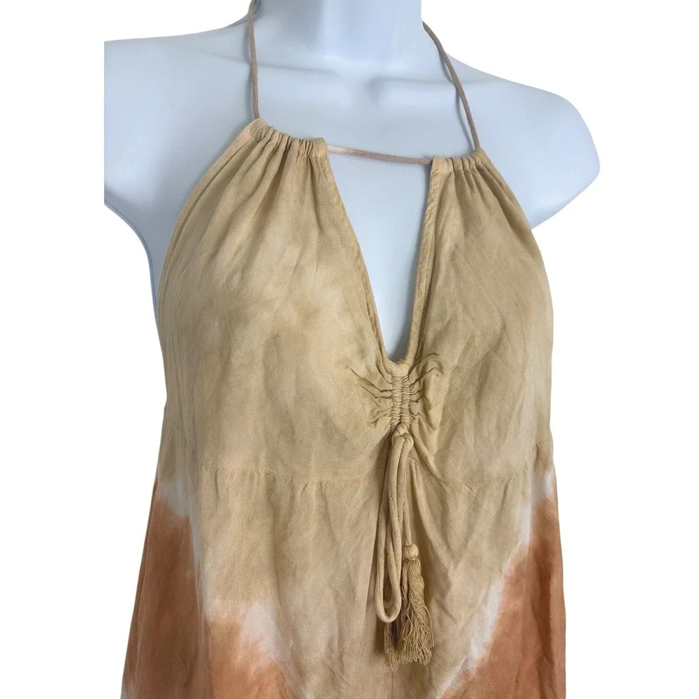 Sugar & Cream Women Beach Festival Boho Tie Dye Halter Mini Dress Tan Orange Sm
